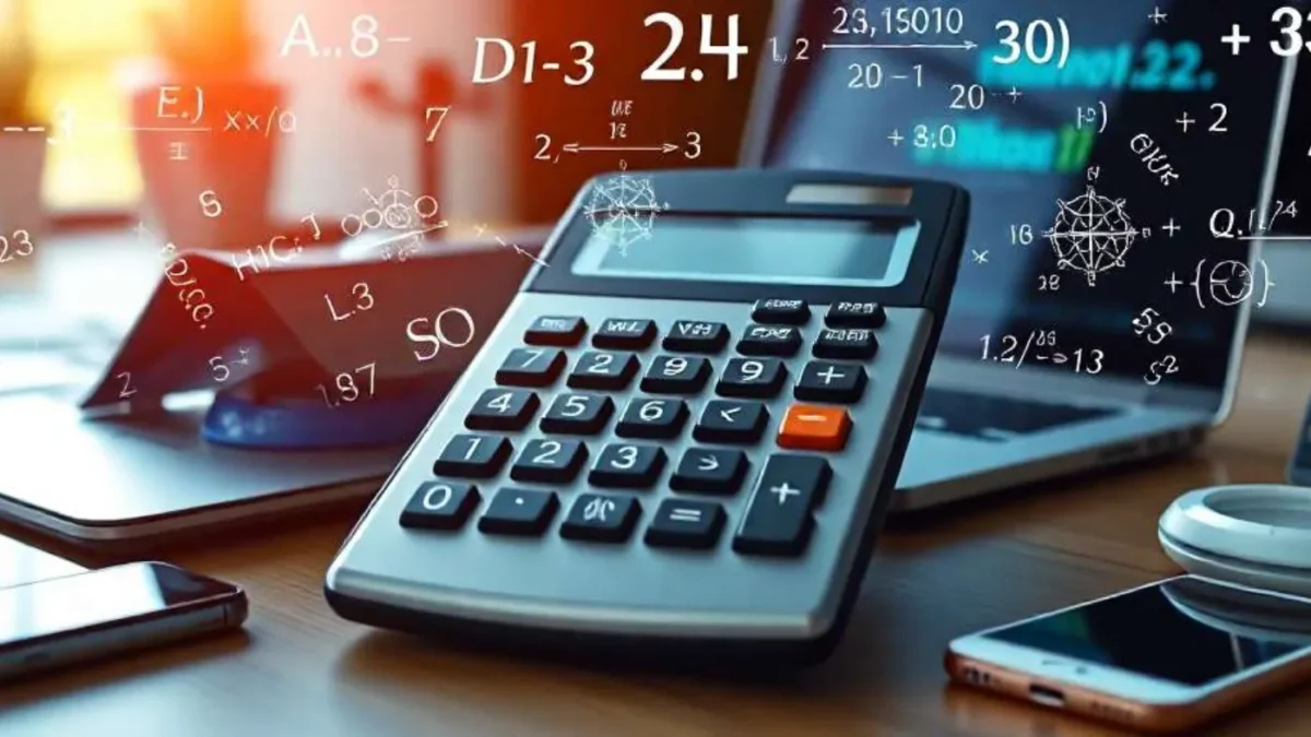 Sobre Quantio.org 1 Calculadora científica sobre una mesa de trabajo con fórmulas matemáticas flotando y laptop en segundo plano